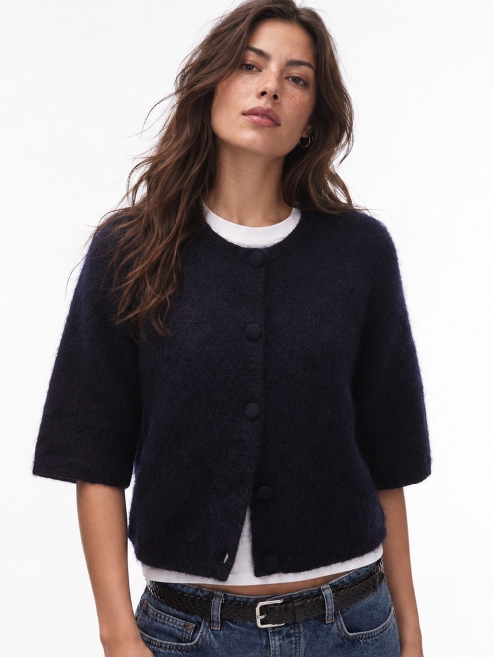 Other Stories Knitted Mohair Wool Blend Cardigan Cacoon Sleeves M Navy Like New